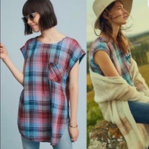 Akemi + Kin cotton gauze plaid tunic boatneck blouse M